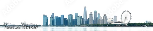 Cityscape of Singapore featuring iconic landmarks such as Marina Bay Sands and the Singapore Flyer, set against a clear white background,  iconic,  buildings