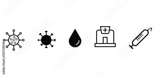 Medical icon set. Hospital, test, injection, blood, virus,  prescription, outlined and flat black vector illustration.