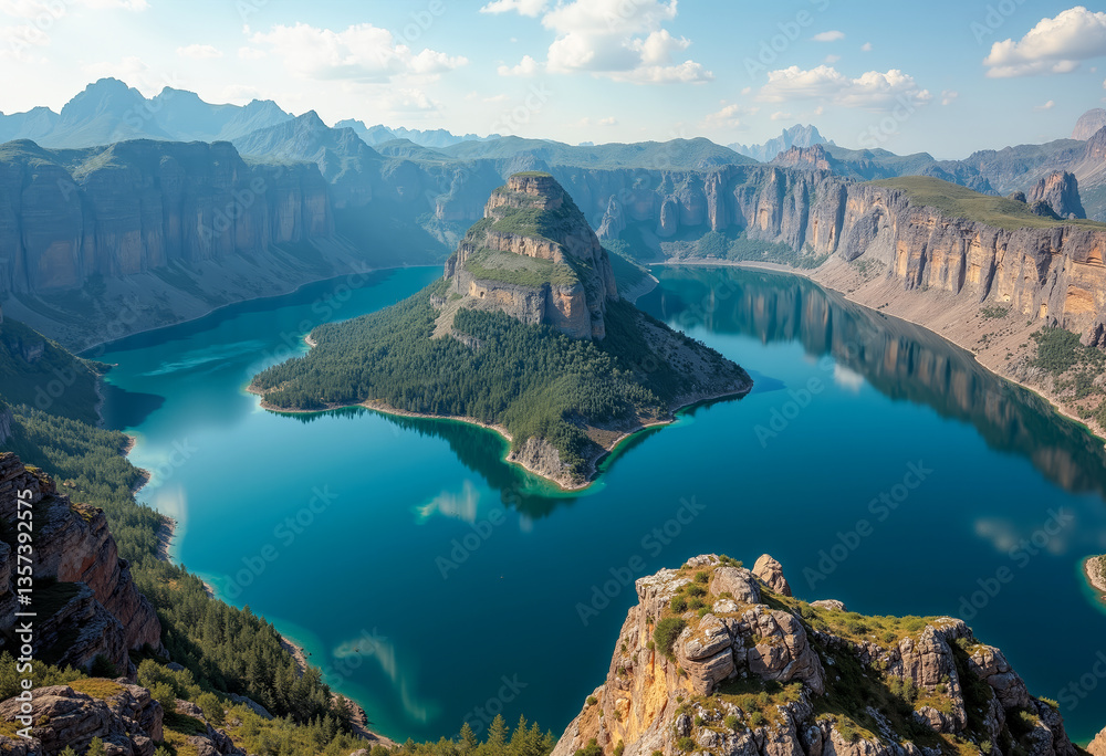 Naklejka premium Vibrant mountain landscape with crystal blue lake under cloudy sky viewed from high angle during daytime