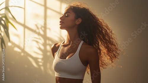 Woman relaxing, sunlit room, plant, calm