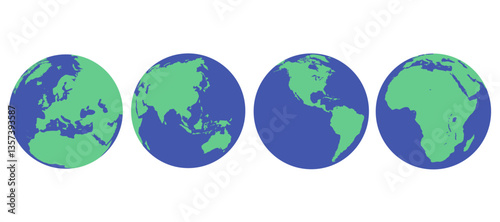 Vector illustration of four different world map icons symbol showing America, Europe, Africa and Asia. Earth globe design elements to diversity concept