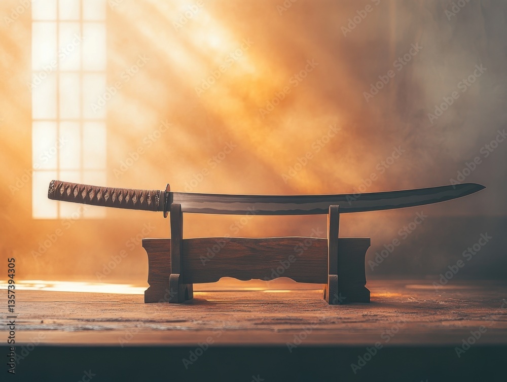 Japanese katana sword on wooden display stand, rule of thirds composition with soft diffused lighting and negative space on right