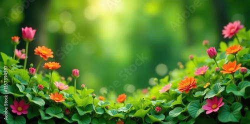 Blurred background of lush garden plants and colorful flowers,  colorful,  natural