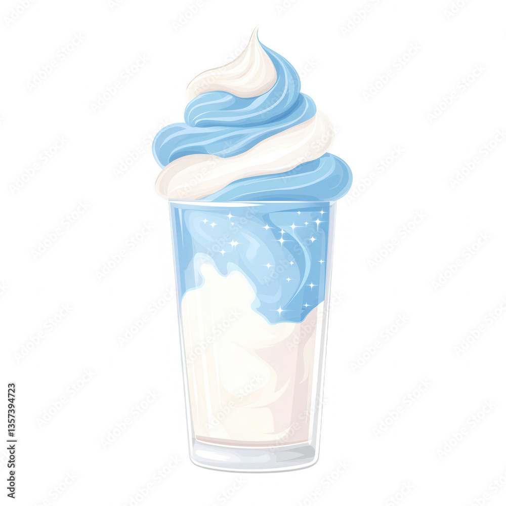 A delicious soft serve ice cream in a clear glass with frosty blue and white swirl.