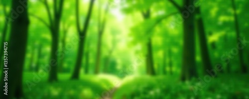 Blurred background of lush green trees in a forest, creating a dreamy and serene atmosphere,  lush,  backdrop