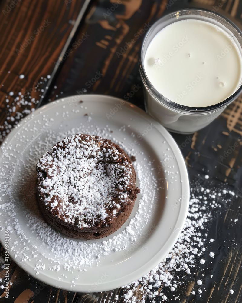 Vegan brownies topped with powdered sugar and served with a side of almond milk Vegan brownies topped with powdered sugar and served with a side of almond milk