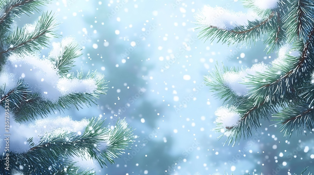 A digital art illustration of snow-covered pine branches, with a blurred snowy background, snowflakes gently falling A digital art illustration of snow-covered pine branches, with a blurred snowy background, snowflakes gently falling