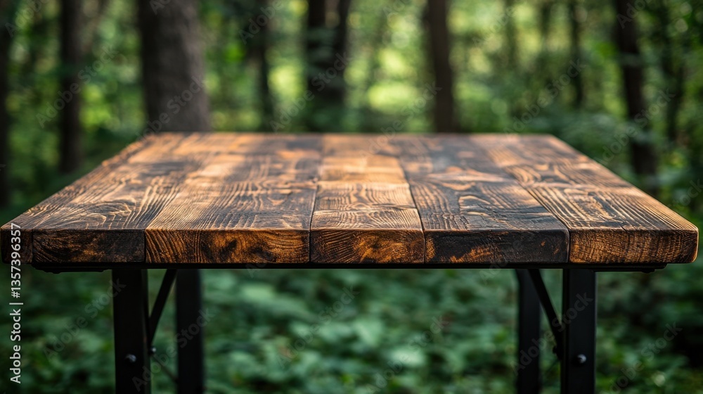 Fototapeta premium Rustic Wooden Table in Forest Setting Perfect for Outdoor Dining and Product Display with Lush Green Background