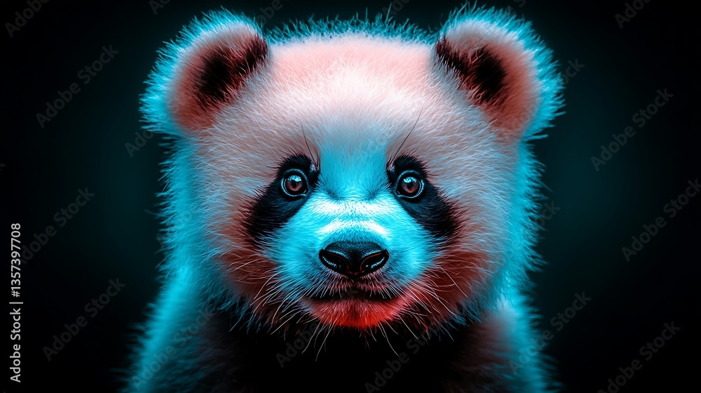 Obraz premium Neon Panda Cub Closeup Portrait.