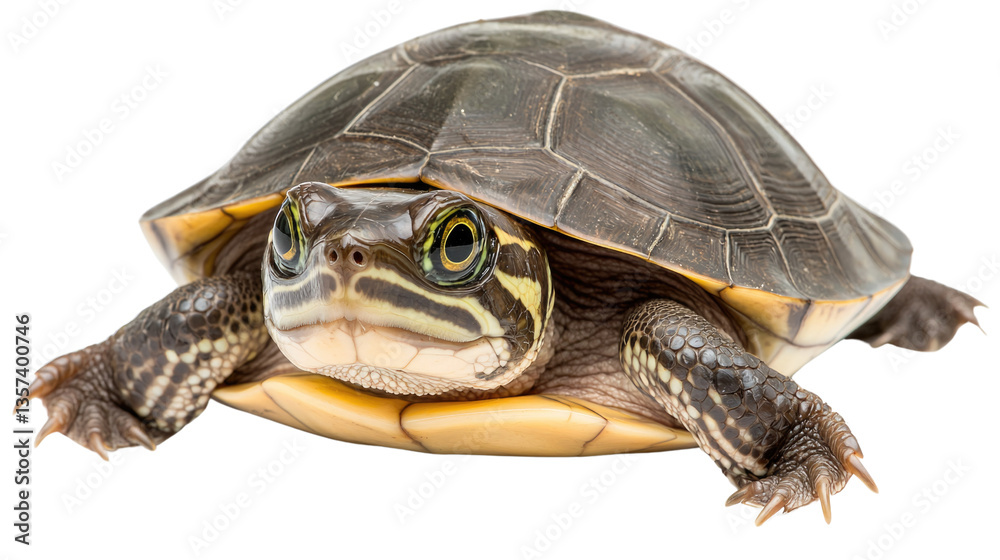 Obraz premium Close-up Portrait of Freshwater Turtle with Natural Shell Patterns on Isolated Background