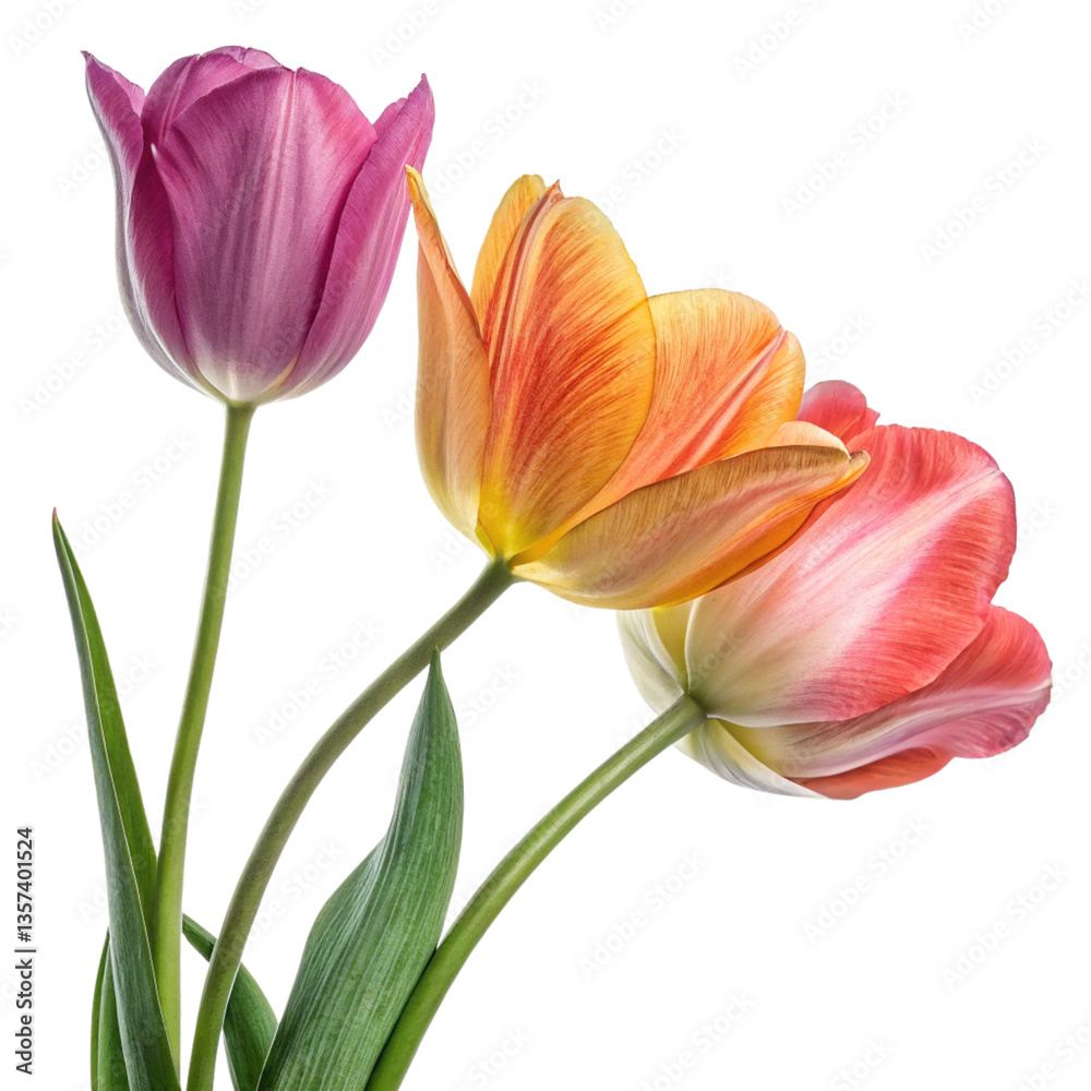 Naklejka premium Three Colorful Tulips Isolated on Black Background Beautiful Spring Flowers
