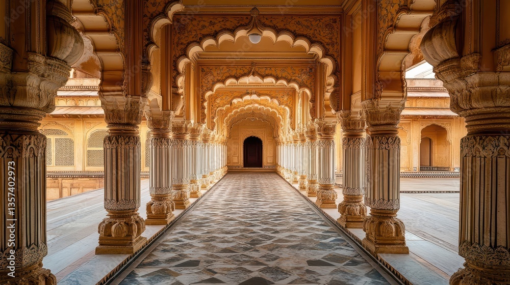 Fototapeta premium A long ornate corridor displaying beautiful architecture and symmetrical details
