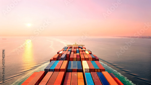 Large Cargo Ship with Shipping Containers Sailing at Sunrise photo