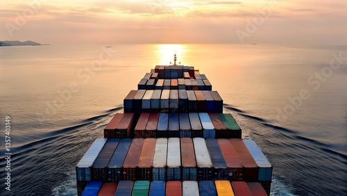 Large Cargo Ship with Shipping Containers Sailing at Sunrise photo