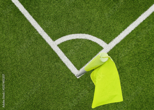 a soccer ball on the green grass on the line on corner in soccer stadium. corner kick.
