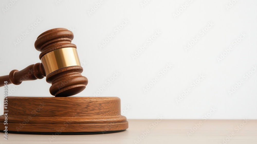 Dark Brown Wooden Gavel with Gold Band on Sound Block Against White Background Dark Brown Wooden Gavel with Gold Band on Sound Block Against White Background