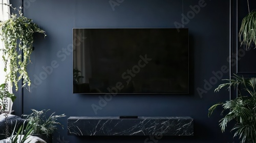 A modern living room with a large flat-screen TV hanging against a dark navy wall