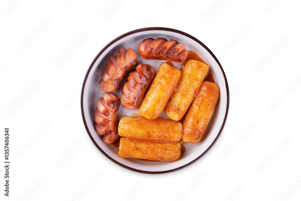 Fried sausages with spicy tomato sauce teokbokki in a bowl on a white isolated background Fried sausages with spicy tomato sauce teokbokki in a bowl on a white isolated background
