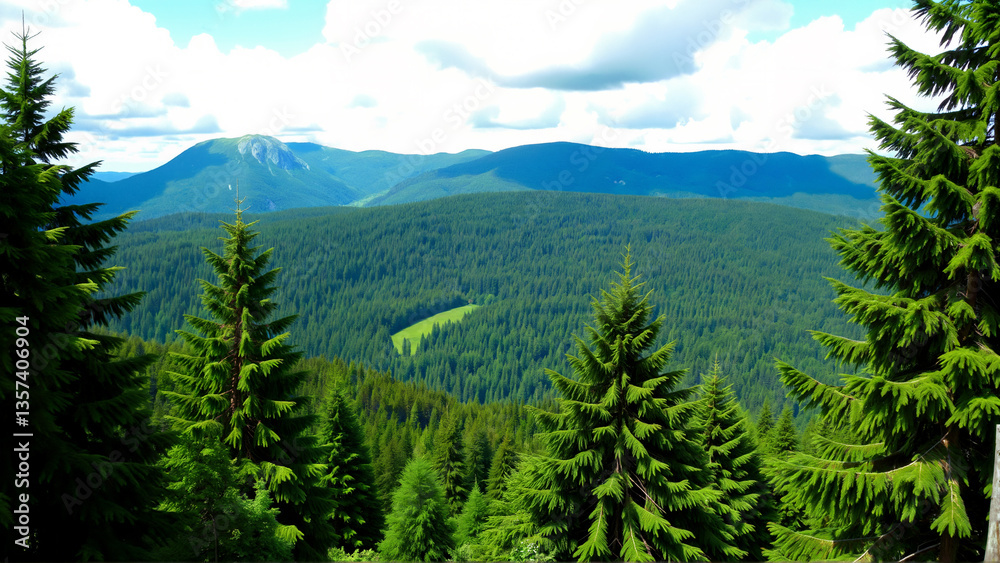 Fototapeta premium Stunning Mountain View Surrounded by Lush Green Forests and a Clear Sky