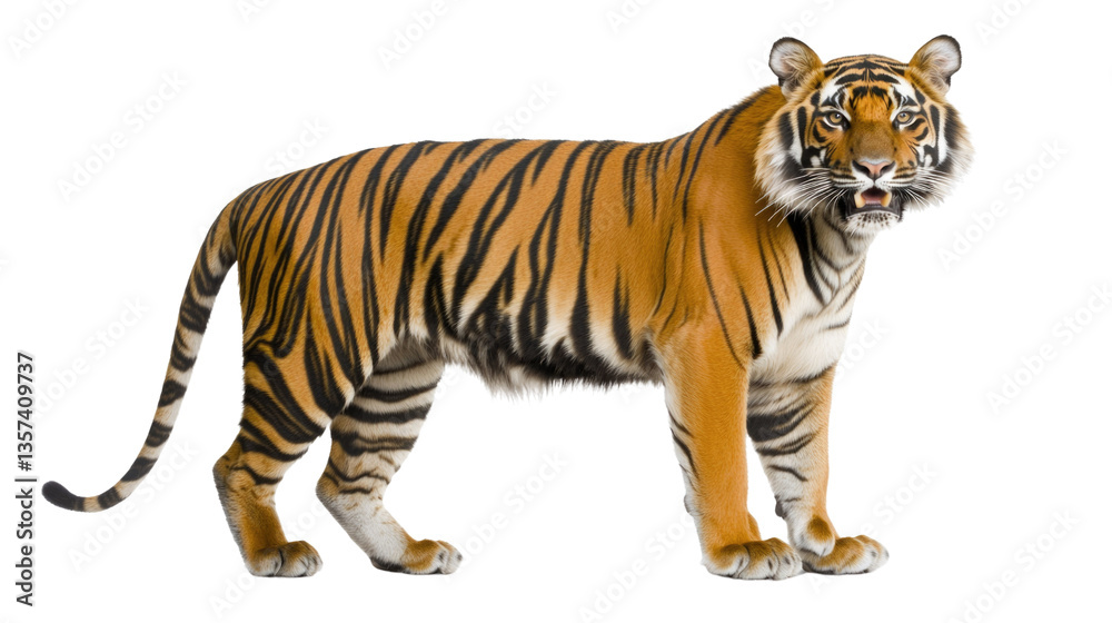Obraz premium Majestic Bengal Tiger Stands Proudly with Striking Orange Fur and Black Stripes Against Black Backdrop