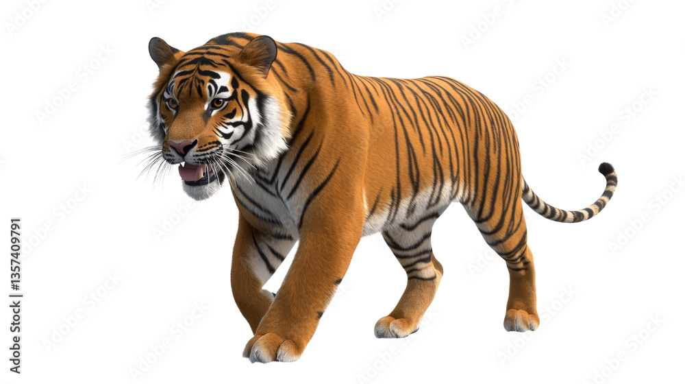 Obraz premium Realistic 3D Illustration of a Striped Tiger Walking on Transparent Background