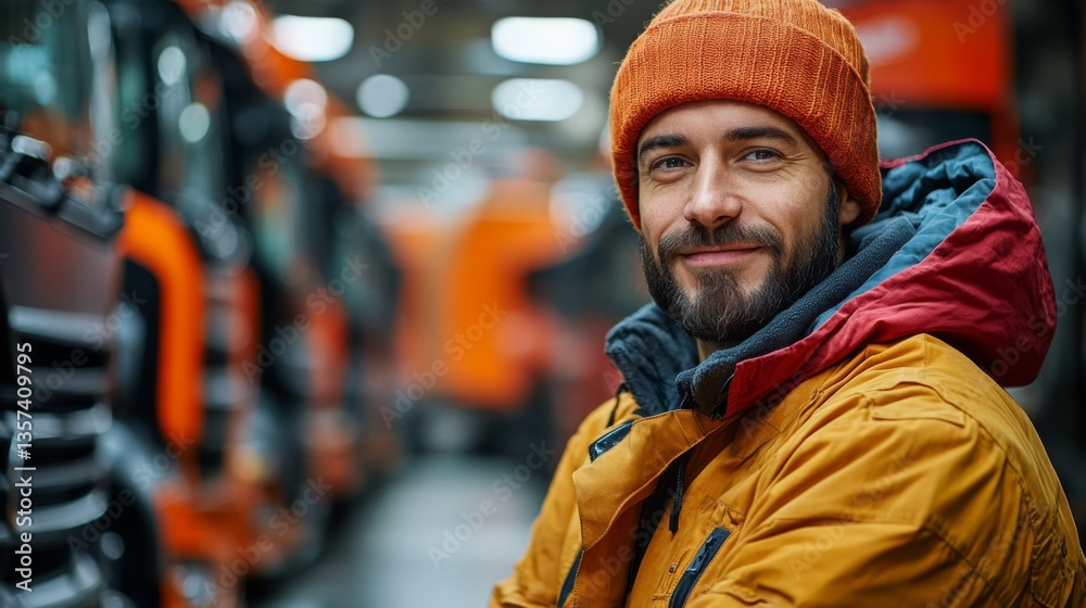 A logistics worker is smiling while standing in a distribution hub filled with orange delivery trucks. The atmosphere reflects a productive warehouse environment. A logistics worker is smiling while standing in a distribution hub filled with orange delivery trucks. The atmosphere reflects a productive warehouse environment.