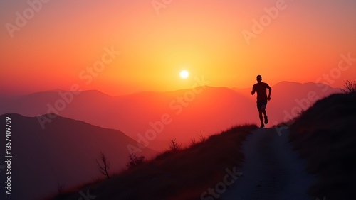 Wallpaper Mural Silhouette of Runner on Mountain Trail at Sunset: Active Lifestyle, Fitness, and Outdoor Adventure Torontodigital.ca