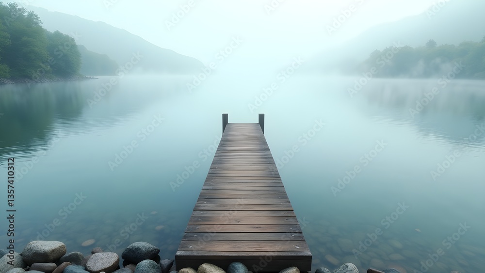 Naklejka premium Misty Lake Scene with Wooden Dock, Calming Water and Forest Backdrop on a Foggy Day