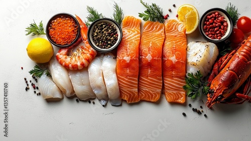 Fresh Seafood Platter Arrangement With Salmon Shrimp Scallops Lobster Garnishes Overhead View
