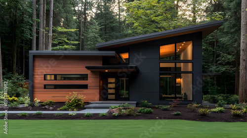 Modern House with Wood and Dark Exterior at Dusk
