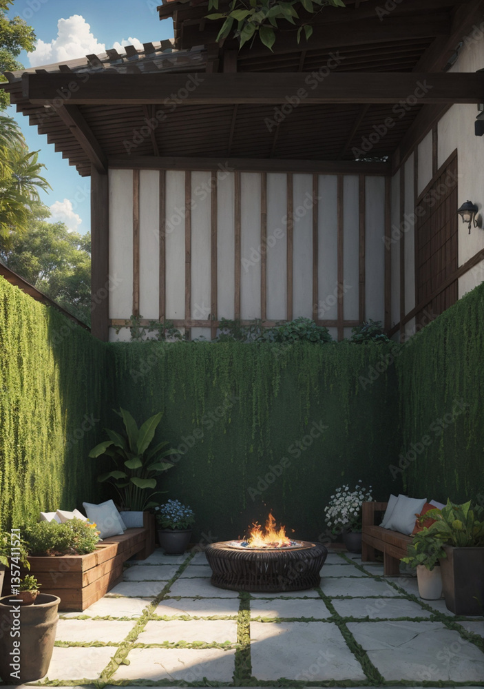 Fototapeta premium Firepit seating area in the garden with chairs surrounding it and overhead cover