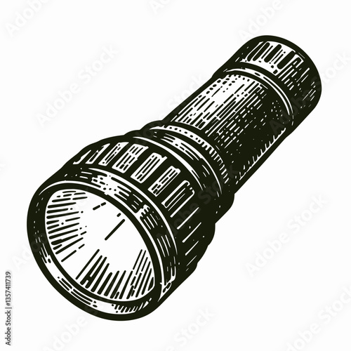 Detailed pencil sketch illustration of a flashlight on a light background  