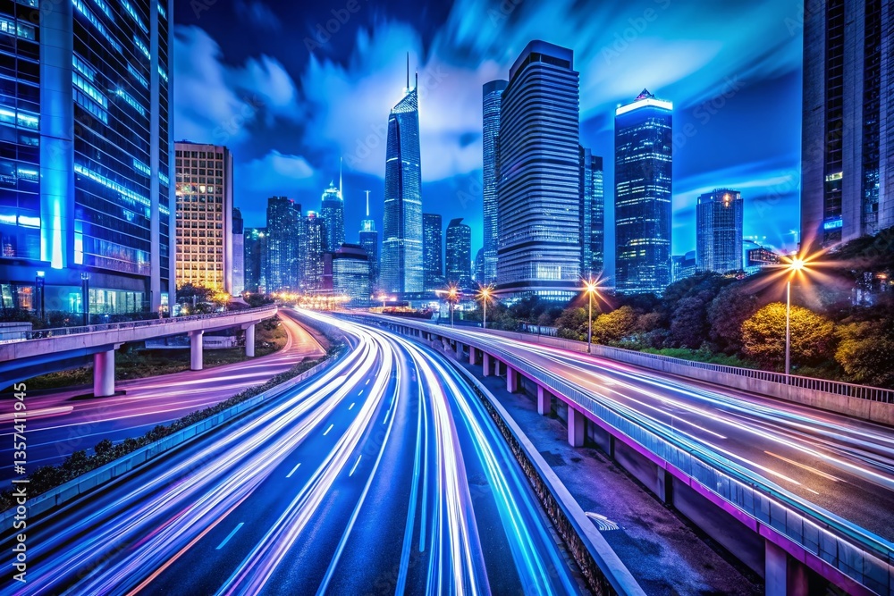 Obraz premium Long Exposure Blue Border Cityscape at Night - Urban Lights Trails