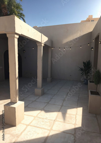 entrance to the city, stone walls and columns decorated by white tile flooring and string lights with plants as accents