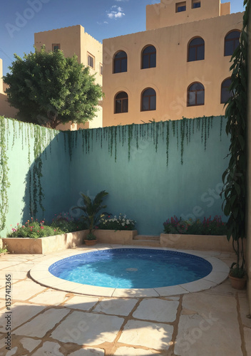 Jacuzzi with teal wall covered in plants behind it and tall building with tons of buildings behind it