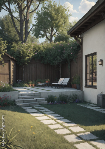entrance to the garden from the backyard with conversation area and stucco walls