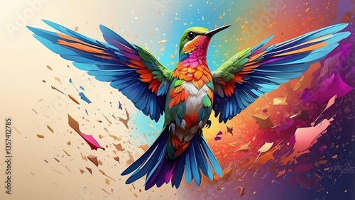 A vibrant, digitally rendered hummingbird is depicted mid-flight against a dark background