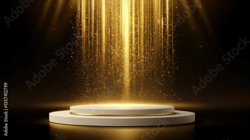 Golden spotlight shines on empty stage with cascading lights