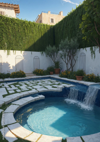swimming pool in the resort surrounded by lovely white walls and tall hedges