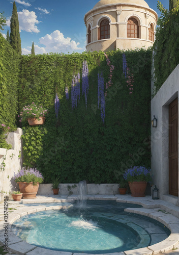 fountain in the garden of the backyard with tall walls covered in ivy with sunshine on it