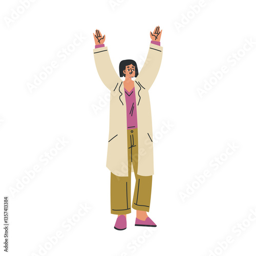 Woman Doctor and Medical Worker Stand in Uniform with Raised Hands Up Celebrate World Cancer Day Vector Illustration