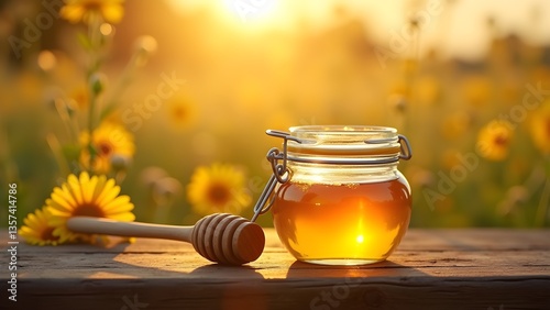 Golden Honey Jar with Dipper in Sunflower Field at Sunset, Rustic Still Life