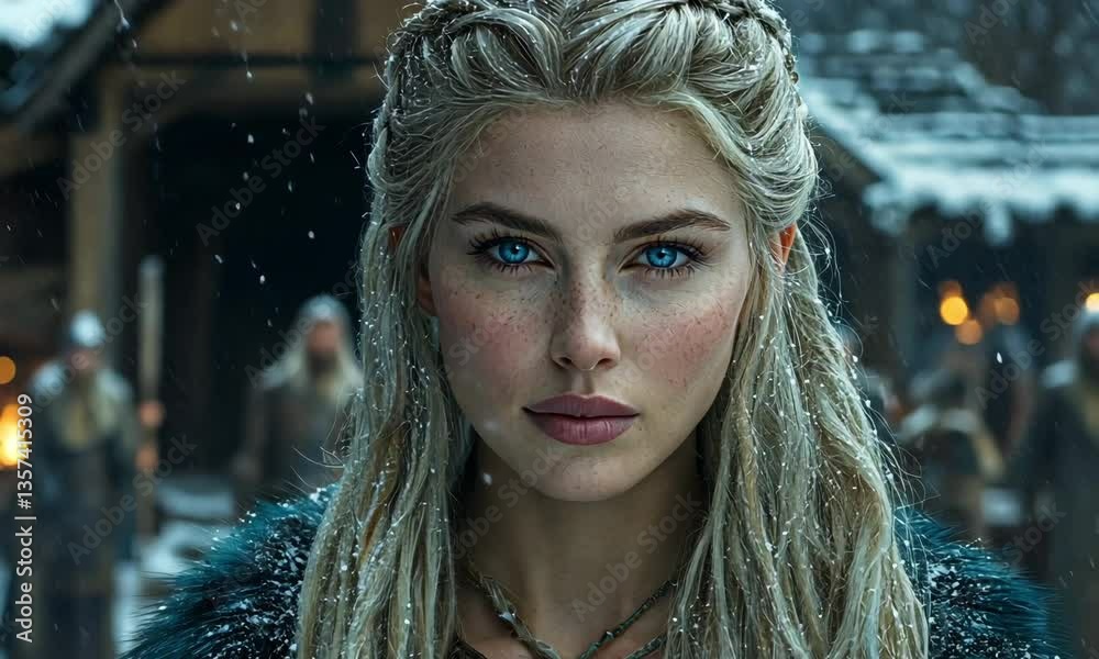 Focused viking woman in snowy village encounter with intense gaze transitions.