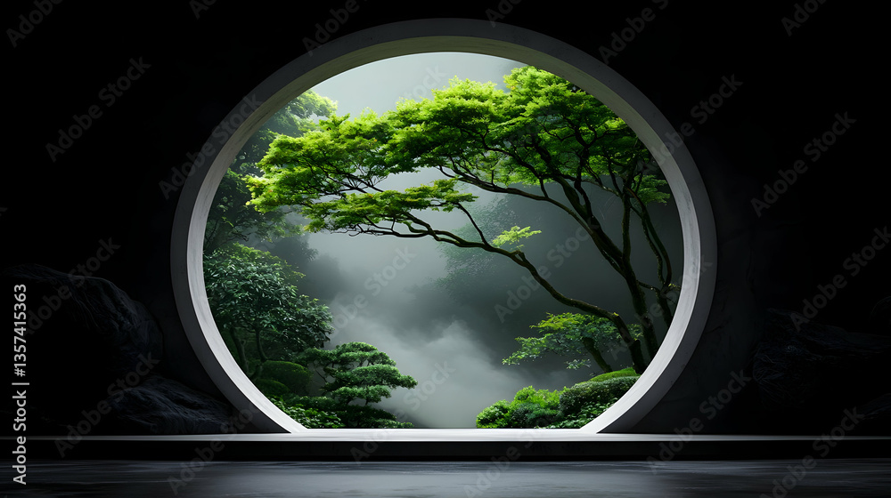 Fototapeta premium Glowing Green Tree Framed in Stone Archway
