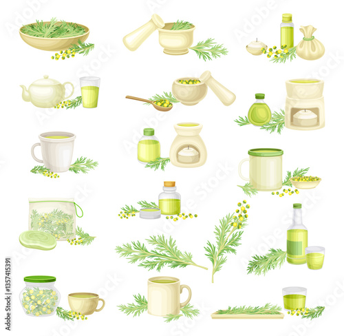 Wormwood or Southernwood Plant Yellow Extraction and Herbal Tea in Mug Vector Set