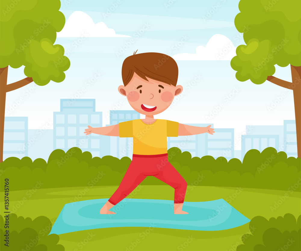 Φωτογραφία Boy Do Yoga with Kid Stand in Asana Vector Illustration