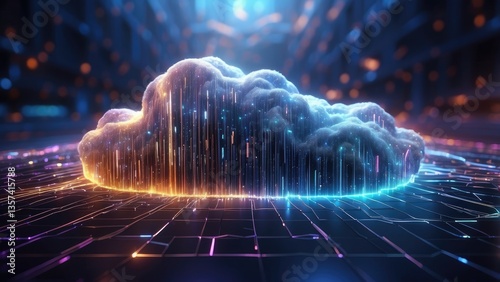 A digital illustration of a glowing cloud shape integrated with a network of fast-moving data streams
