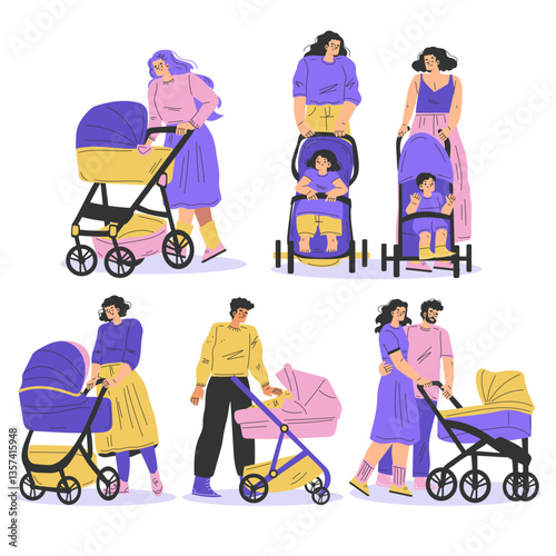 Young Parents Walking with Baby Carriage Vector Set
