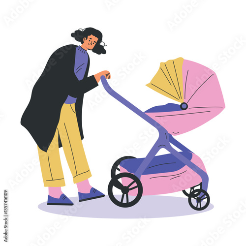 Young Woman Parent Walking with Baby Carriage Vector Illustration