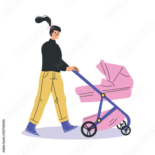 Young Woman Parent Walking with Baby Carriage Vector Illustration